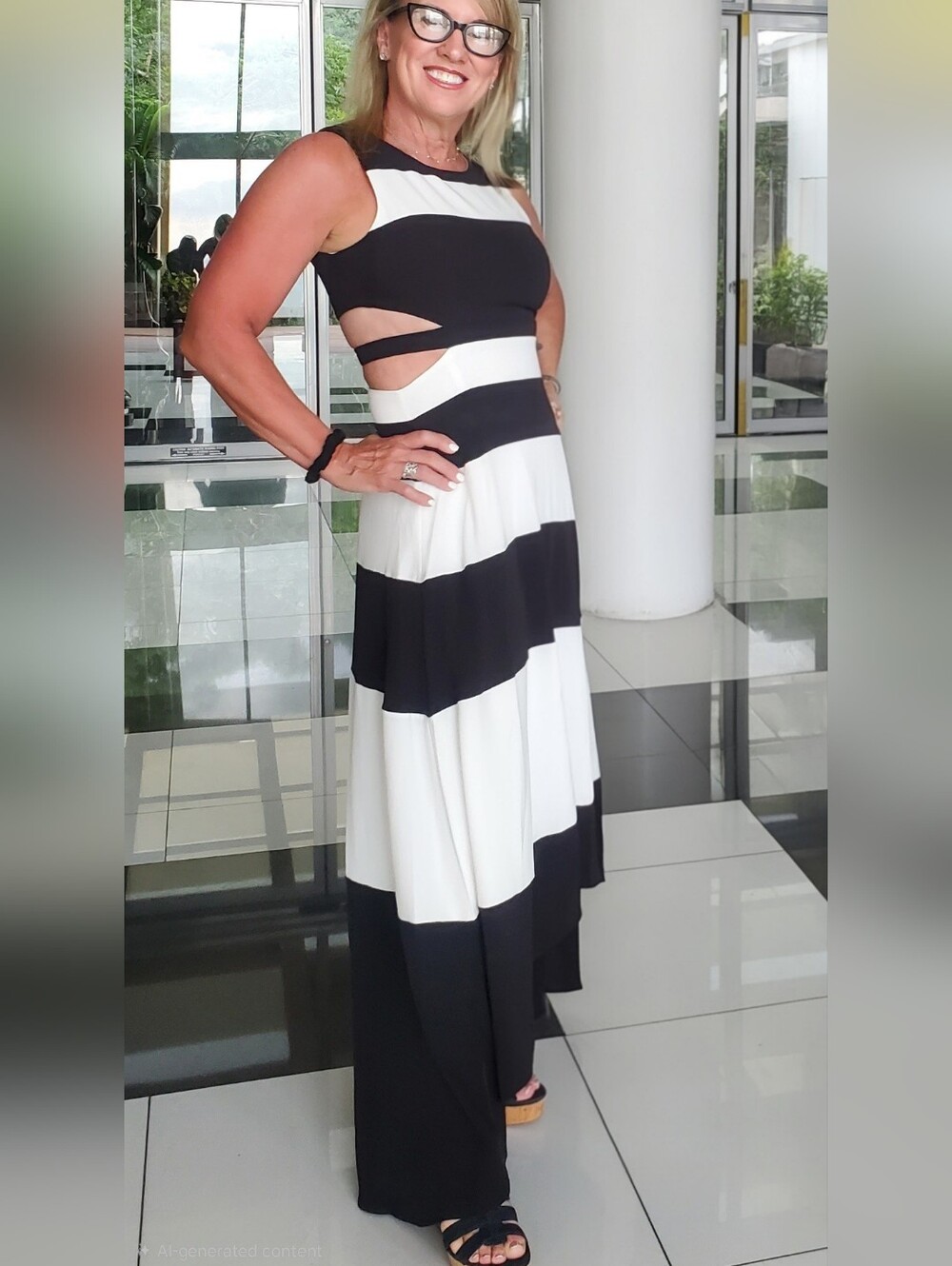 Black and White Striped Cutout Maxi Dress